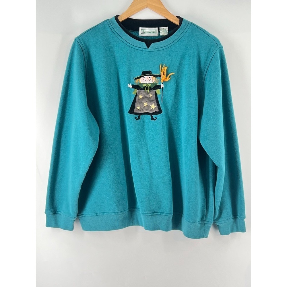 Vtg 90s Halloween Witch Sweatshirt XL Teal Crewneck Whimsigoth 90s Kitsch Retro